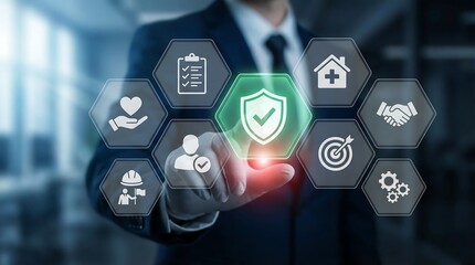 Businessman interacting with digital shield interface representing security and protection in modern business technology