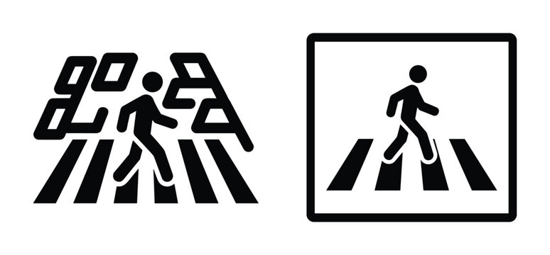 Pedestrian crossing sign vector illustration. People walking crosswalk safety. Zebra crossing sign in black and white.