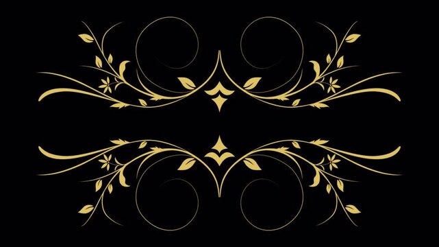 Elegant Golden Floral Swirls Decorative Border on Black Background.