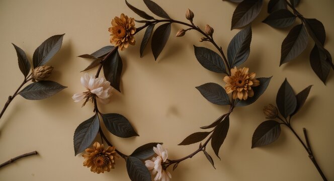 &Auml;sthetisches Stillleben aus fein arrangierten Trockenblumen und zarten Bl&auml;ttern in warmen Naturt&ouml;nen, minimalistische florale Dekoration als ruhiger Hintergrund f&uuml;r Design, Interior und Lifestyle