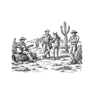 Vintage Engraving Illustration of Cowboys in Desert with Horse and Guitar