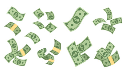 Floating cash and USD banknote cartoon vector symbols set isolated on transparent background