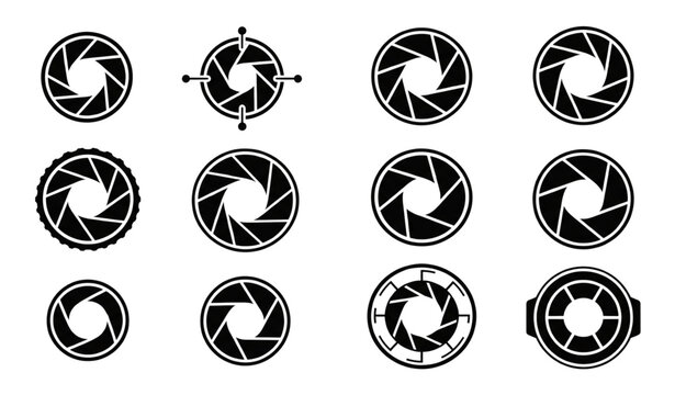 Vintage film camera lens aperture and shutter vector icon set isolated on transparent background
