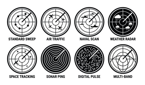 Radar scan icons set. Standard sweep, air traffic, naval scan, weather radar, space tracking, sonar ping, digital pulse, multi-band.