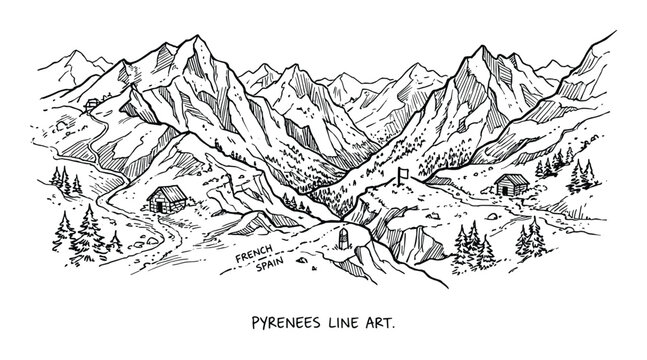 Pyrenees Mountains Line Art Illustration Landscape French Spain Border Scenery