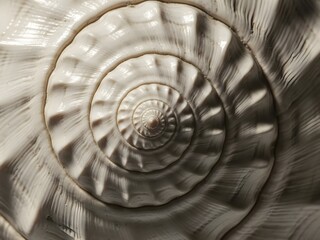 This high-contrast macro photograph captures the creamy white, intricate spiral of a seashell, emphasizing the beautiful natural geometry and textured surface detail.