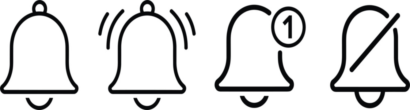 Digital notification and alert bell vector icon set for mobile apps, social media, and interface design
