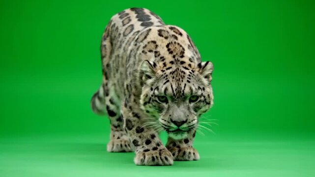 Snow leopard figurine on green background.