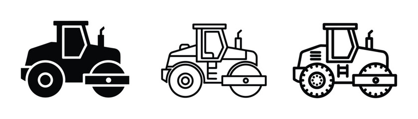 Road roller icons, construction vehicle rollers in outline and solid style, construction equipment vector