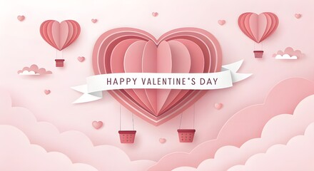 Happy Valentine&rsquo;s Day Paper Cut Heart Card with Balloon Hearts and Ribbon