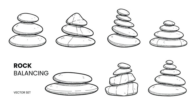 Rock balancing vector set with hand drawn sketch style illustrations of zen stones balancing on each other in different shapes.