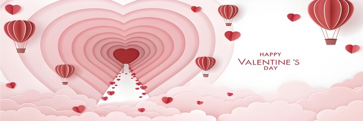 Happy Valentine&rsquo;s Day Paper Cut Heart Card with Balloon Hearts and Ribbon