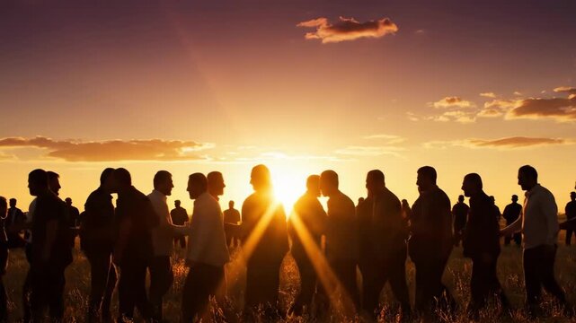 Cinematic 4K Slow Motion Silhouette of a Large Muslim Community Gathering and Greeting Each Other at Sunset for Eid al-Fitr Celebration