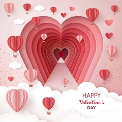 Happy Valentine&rsquo;s Day Paper Cut Heart Card with Balloon Hearts and Ribbon