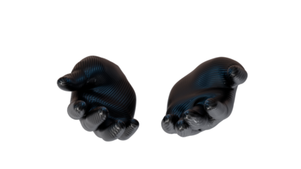 Black metallic carbon fabric cyborg robot hand Scoop up isolated transparent png file created by 3D render.