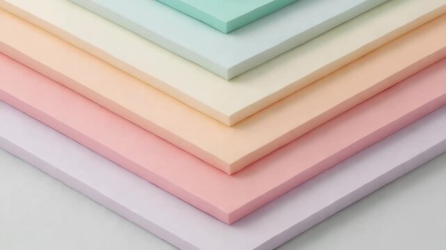 Soft pastel color paper sheets stacked in smooth texture, soft hues of blue, green, cream, peach, pink, and lavender in neat pastel sheet stack