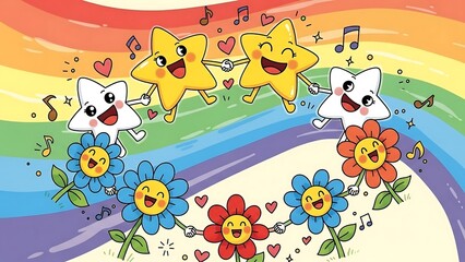 Obraz premium Happy Cartoon Stars and Flowers Dancing Together.