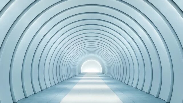 Futuristic tunnel corridor with curved arches glowing light end modern architecture smooth surface minimalistic symmetrical design spacious passageway