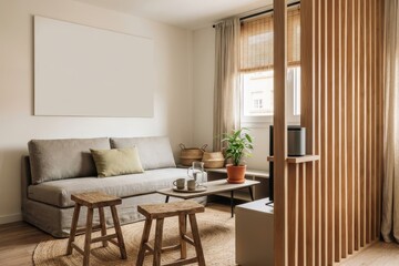 Fototapeta premium Small Scandinavian living room with wooden room divider and neutral decor