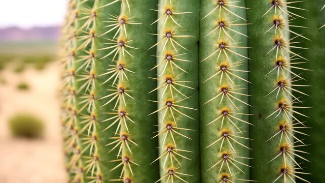 Green cactus close up showing sharp yellow spines and thorny texture symmetrical vertical rows, vibrant desert plant nature with detailed spine