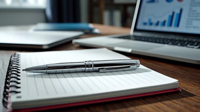 Pen on notebook on office desk with laptops background