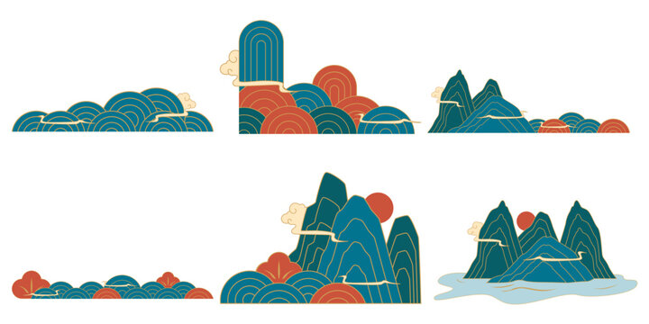 Set of chinese wave pattern frame for corner decorative. Mountain, seigaiha japanese pattern, asian oriental decoration. Lunar new year vector illustration.
