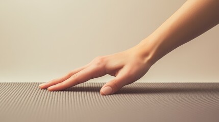 Close up human hand reaching over textured mat surface illustrating gentle contact.
