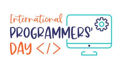 International Programmers' Day lettering vector illustration with laptop and coding symbols for software developer celebrations, programming and technology concepts, on a transparent white background.