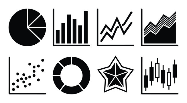 Set of black and white graph icons pie chart, bar, line, scatter and candlestick diagrams