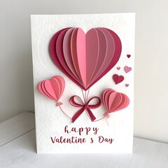 Happy Valentine&rsquo;s Day Paper Cut Heart Card with Balloon Hearts and Ribbon