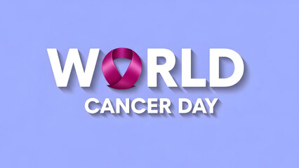 Fototapeta premium World cancer day awareness logo with pink ribbon on purple background symbolizing support and solidarity