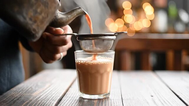 Close up of hot milky tea being poured from an antique metal teapot through a fine mesh strainer into a clear glass cup on a rustic wooden table with a blurred background of warm bokeh lights