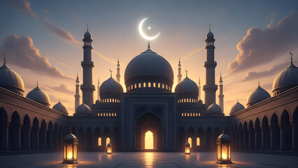 Stunning Islamic architecture background featuring a grand mosque under a sunset sky with a glowing crescent moon and traditional lanterns.