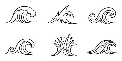 Fototapeta premium Set of six ocean waves illustrations in black outline. Simple line art drawings of water and crests. Nautical designs.