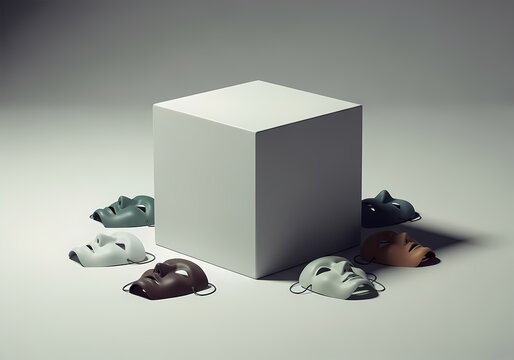 Conceptual illustration showing a closed cube surrounded by discarded masks. Symbol of hidden identity, suppressed emotions, social roles, conformity, secrecy, and psychological boundaries.