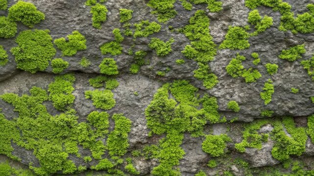 Lichen moss and algae on rough concrete surface with natural green texture and vibrant organic showcasing outdoor growth contrast