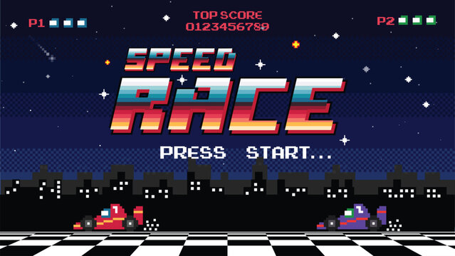  Speed race game pixel art .press start. Retro game interface.	
