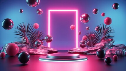Fototapeta premium Vibrant neon scene with pink portal and floating spheres