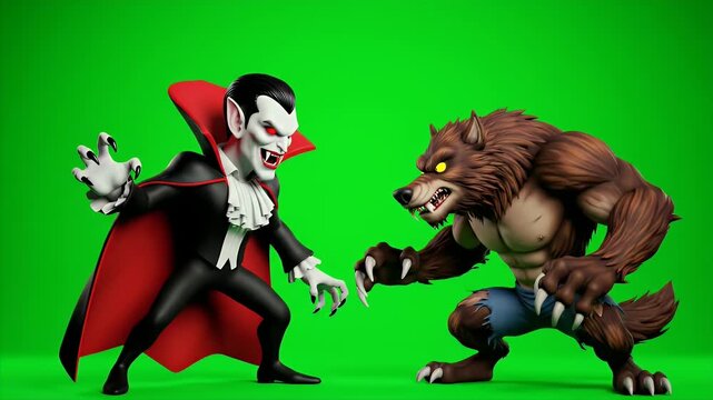 Vampire and Werewolf Confrontation Cartoon Render on Green Screen: Halloween Animated Horror Figures Isolated for VFX
