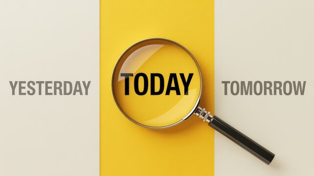 Magnifying glass focusing on today between yesterday and tomorrow