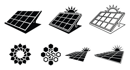 Solar panel designs vector set, includes energy panels with sun illustration, clean power solutions.