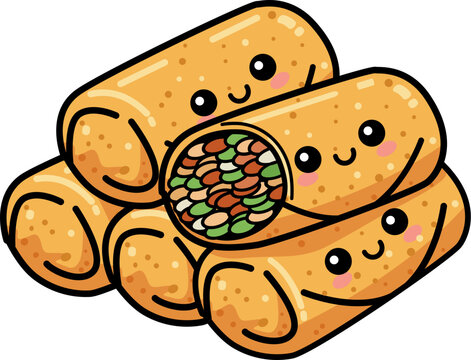 Kawaii Cute Spring Rolls Illustration with Happy Smiling Faces and Vegetable Filling
