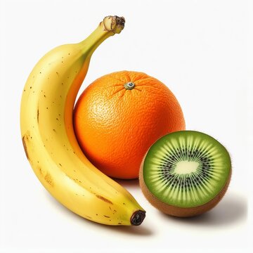 A still life of various fruits including a banana orange and kiw