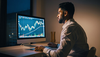 Focused businessman analyzing financial data on computer screen at night