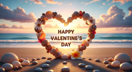 Valentine's day beach scene with heart shaped floral arrangement