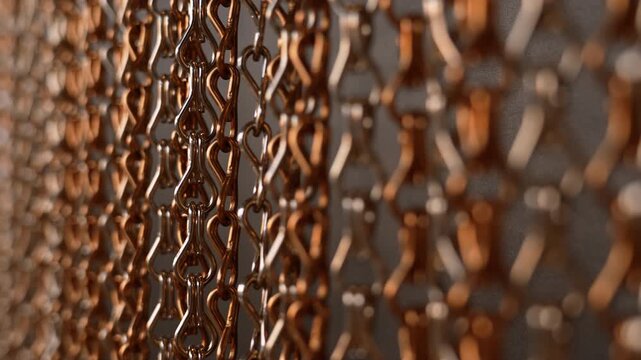 Macro shot of golden chain curtain links with shallow depth.