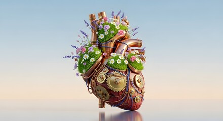 Mechanical Heart with Flowers and Gears Surreal Silliness