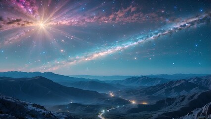 ゲーム背景　虹色に光る夜明けの星空パノラマ風景