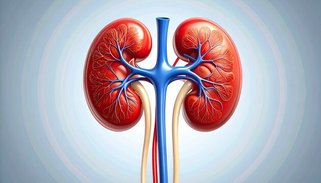 Detail human kidney illustration. High detail anatomical illustration of kidneys and renal vessels, ideal for medical education and health topics.