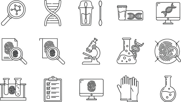 Forensic science laboratory line icons set with fingerprint DNA analysis research tools vector illustration